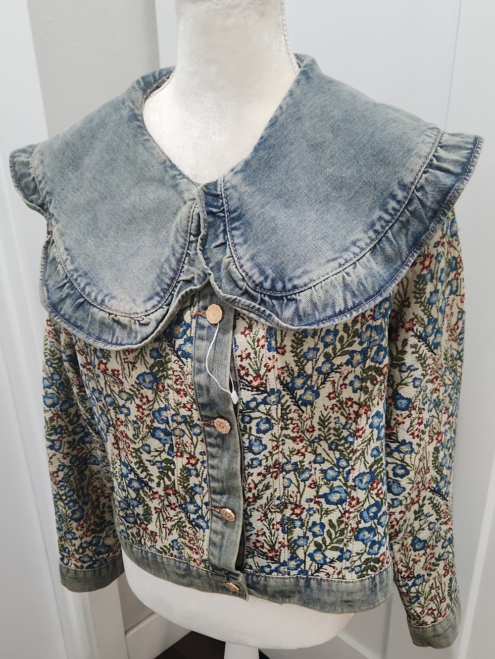Cropped Denim Jacket Floral Embroidered Jacquard Peter Pan Collar Casual Chic